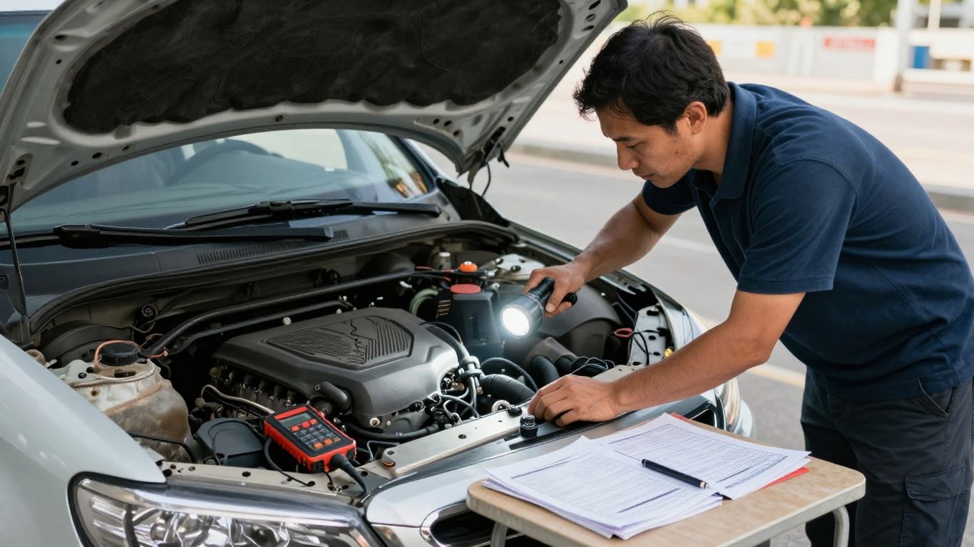 Mechanic inspecting a used vehicle outdoors