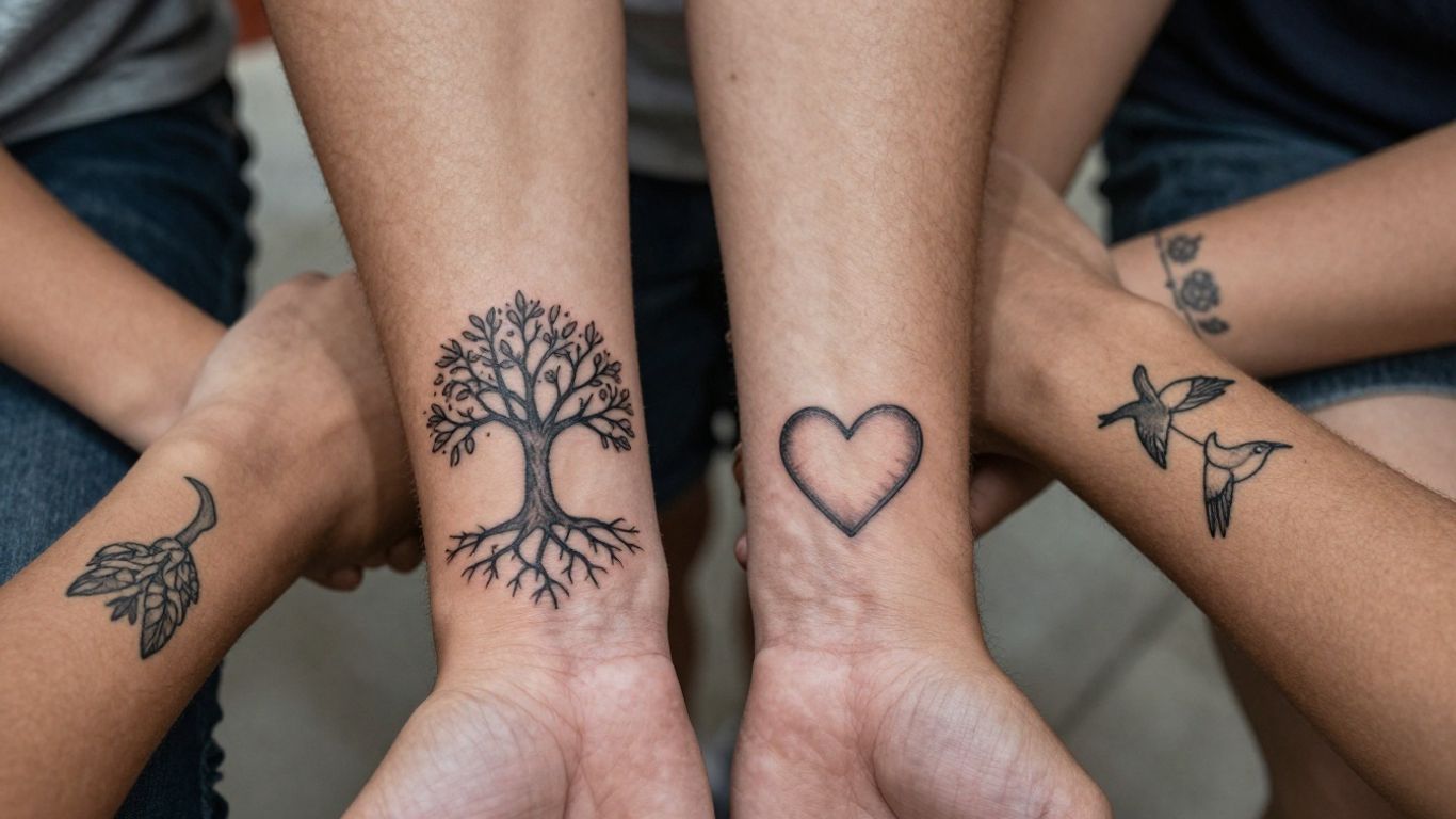 Gezinstatoeages van een boom, hart en vogel.