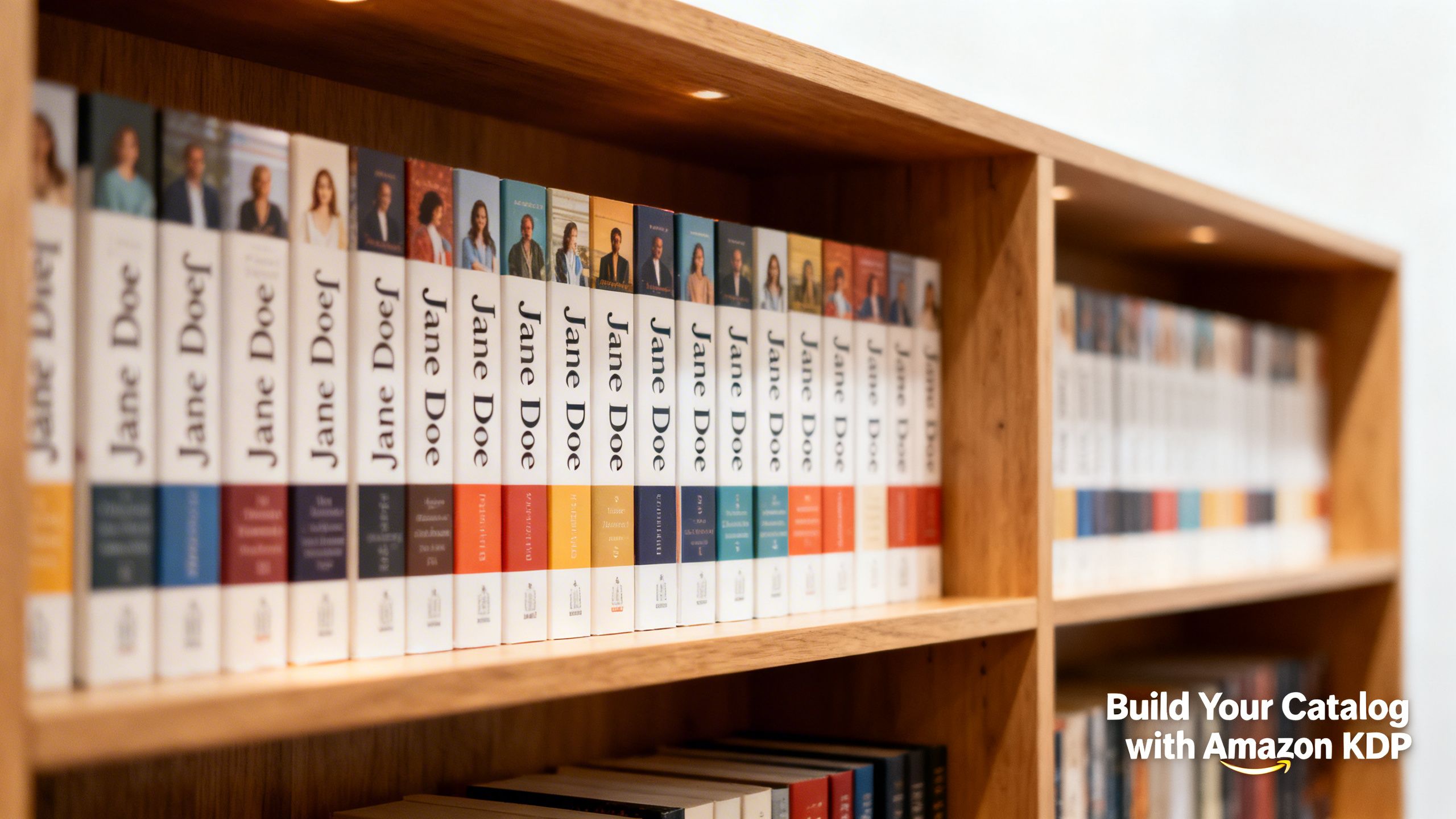 A bookshelf with a series of books by the same author, illustrating the power of building a catalog on Amazon KDP