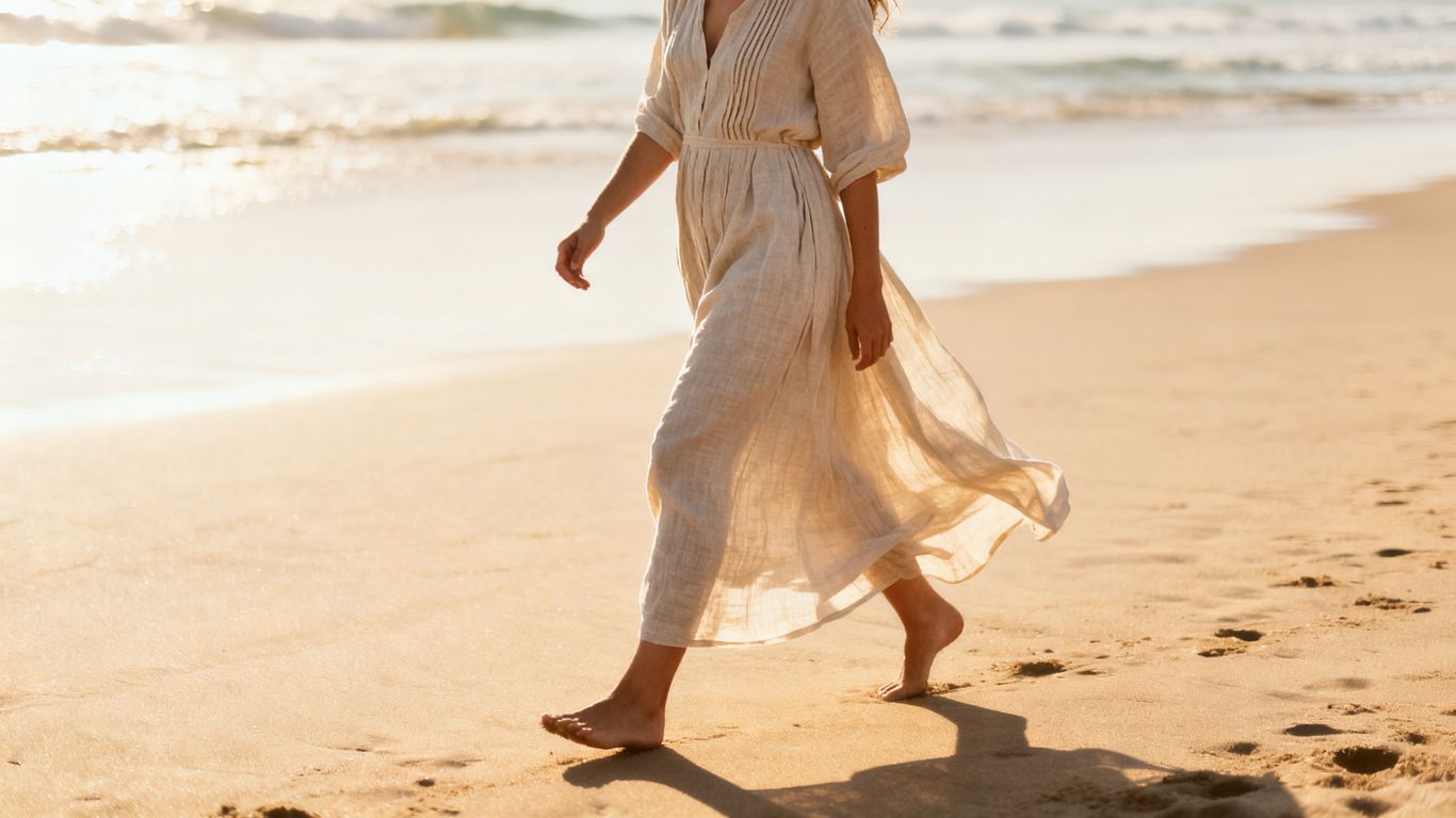 Woman in elegant linen dress on a sunny beach.