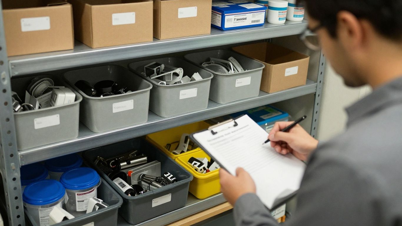 Shelved workshop inventory with labeled storage bins