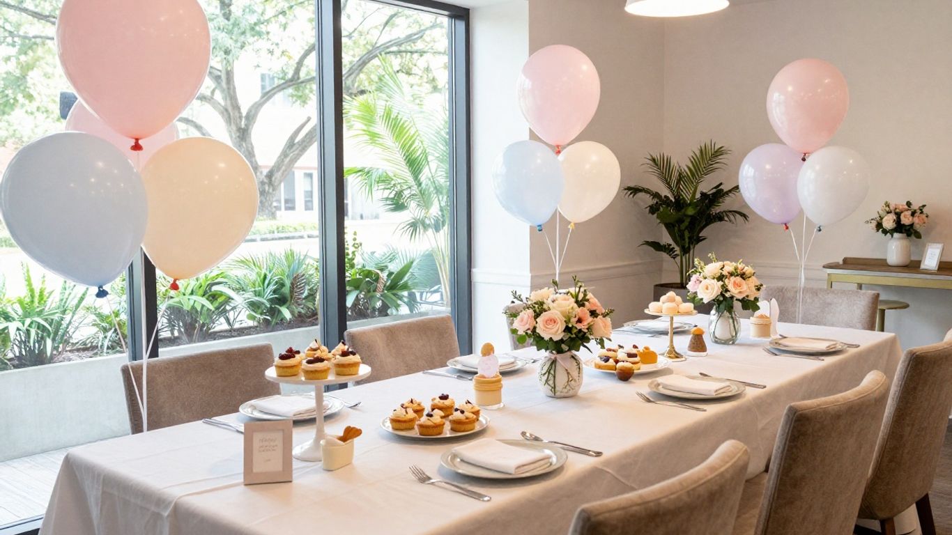 Elegant baby shower venue in Dallas with balloons and pastries.