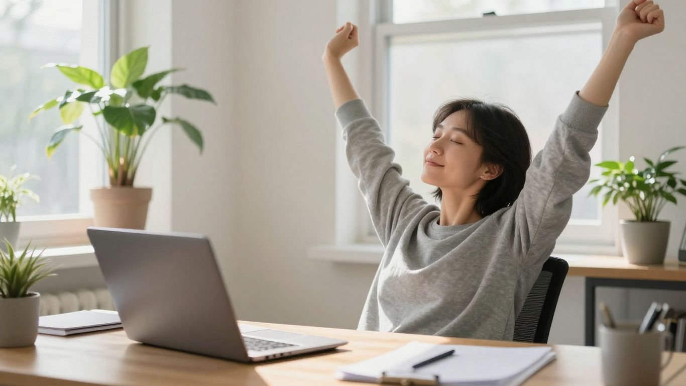 Person taking a refreshing break at a desk.
