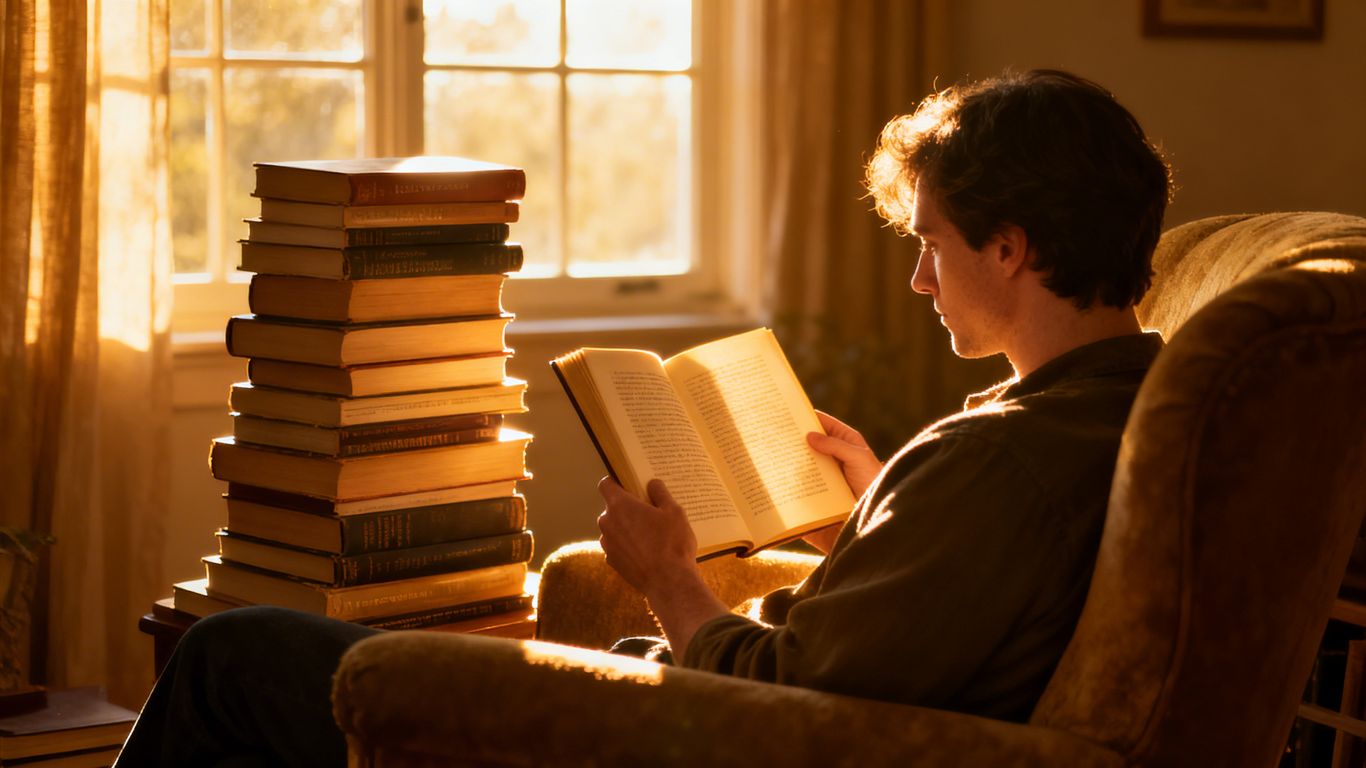 Person reading books, finding self-help insights.