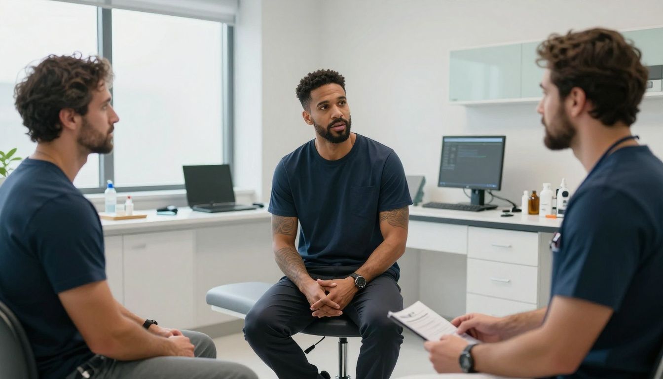 Realistic premium men’s health scene in an upscale clinic: confident diverse men ages 30–60 speaking with a provider near metabolic health lab results, with subtle fitness and recovery cues, natural lighting, no logos or text.