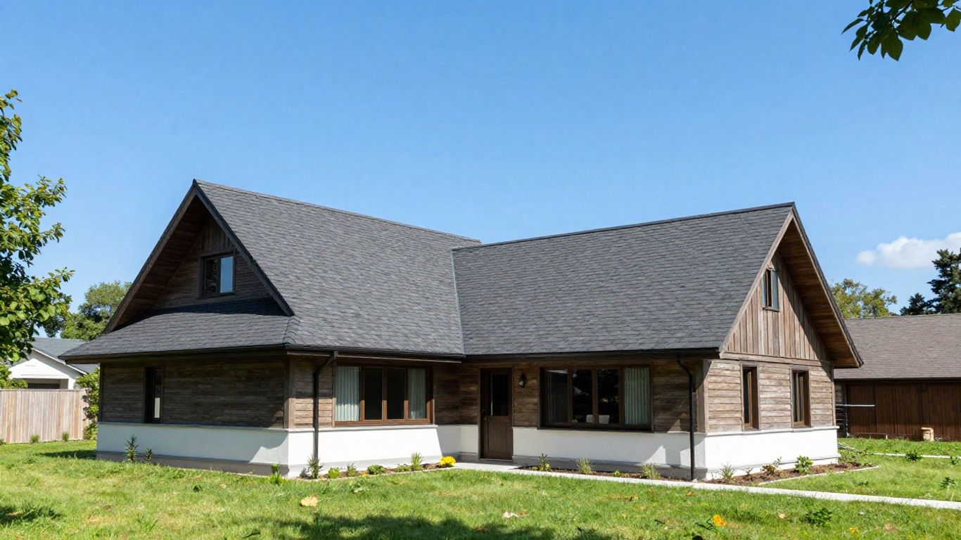 Modern house with a double-pitched roof.
