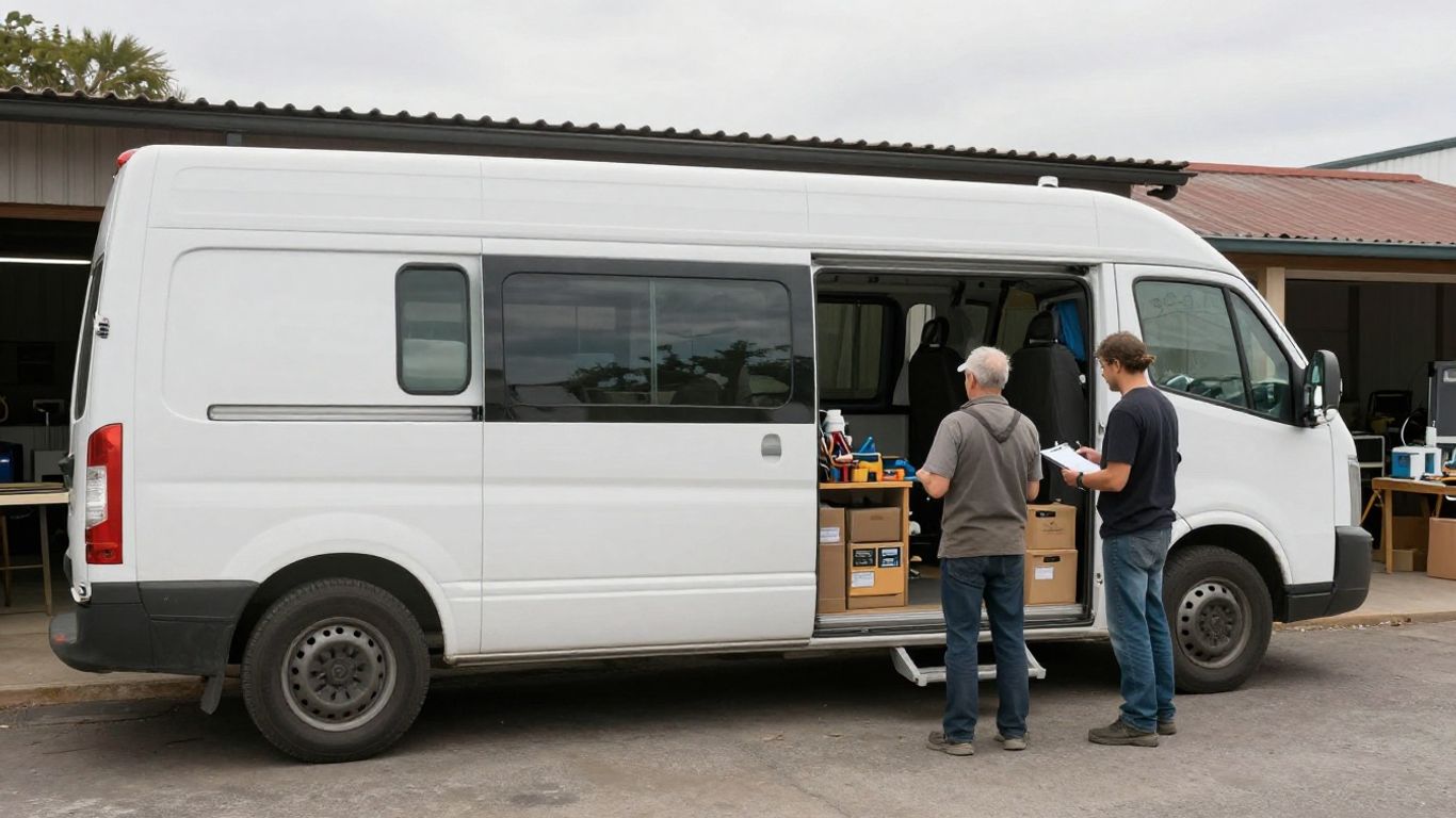 White panel van parked beside a small workshop