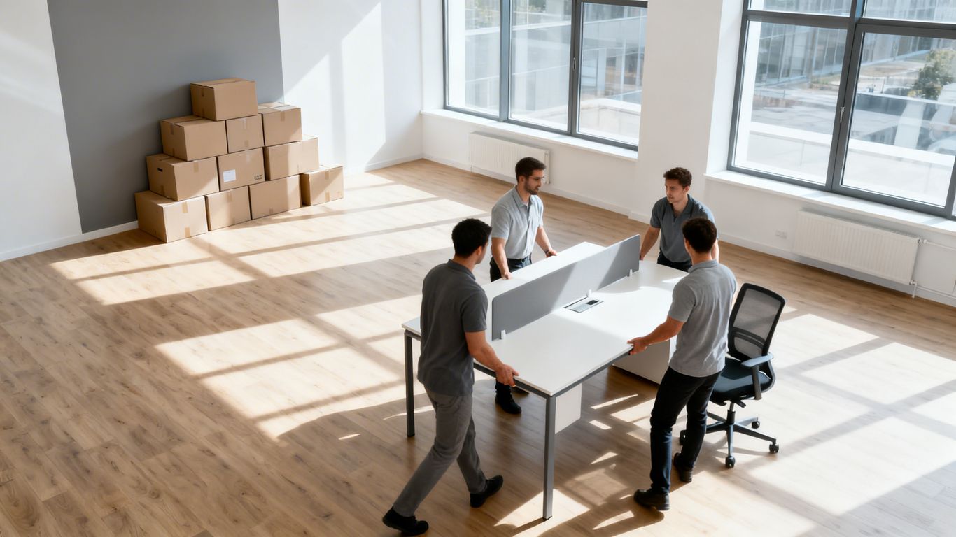 Office move with boxes and workers.