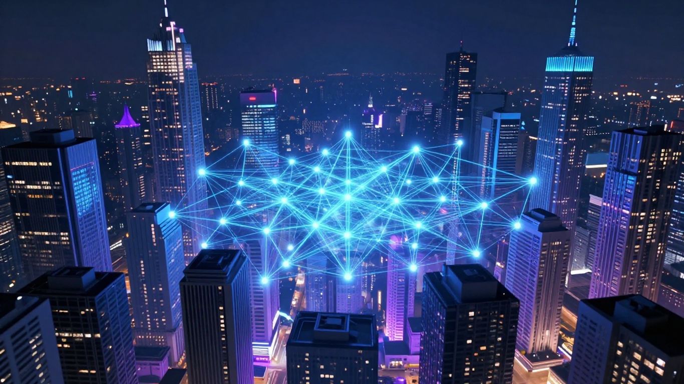 Futuristic city with glowing blockchain network connections.