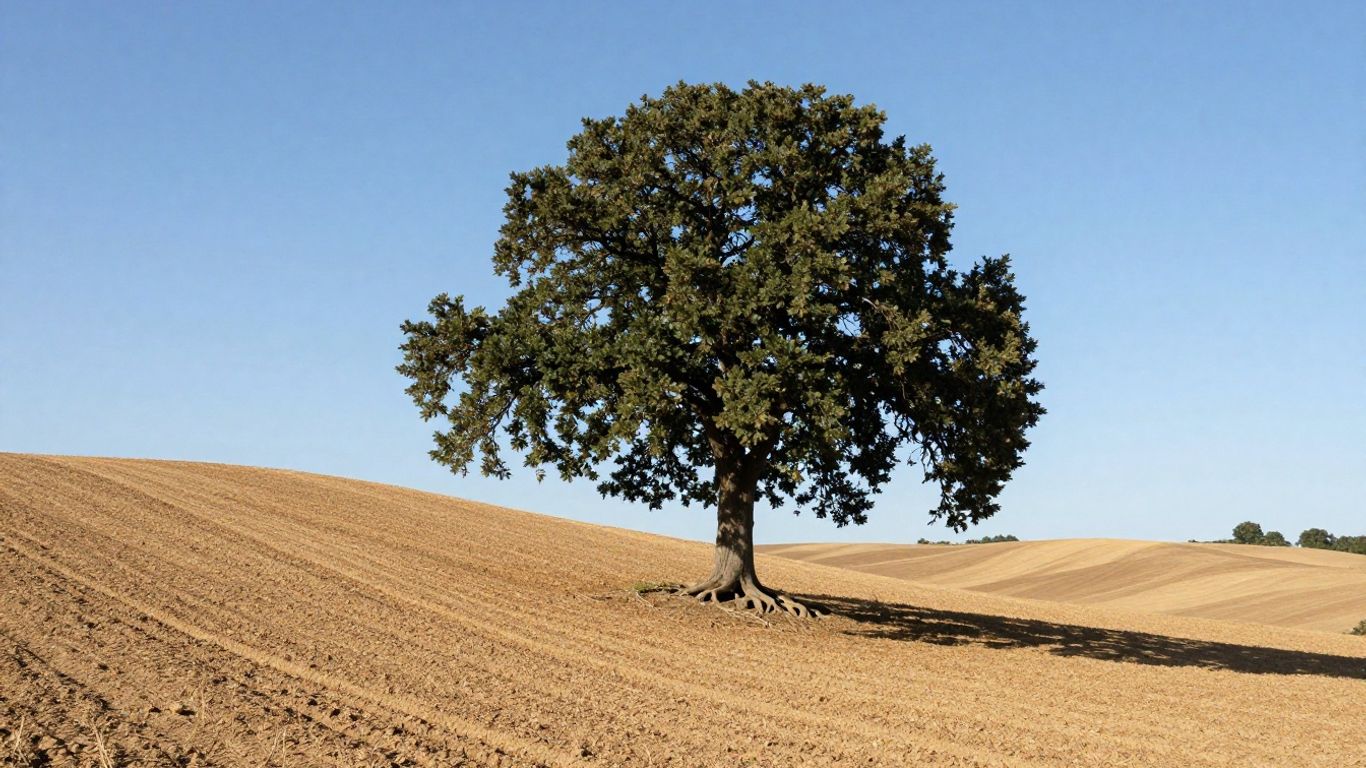 Grounded earth landscape with a prominent oak tree.