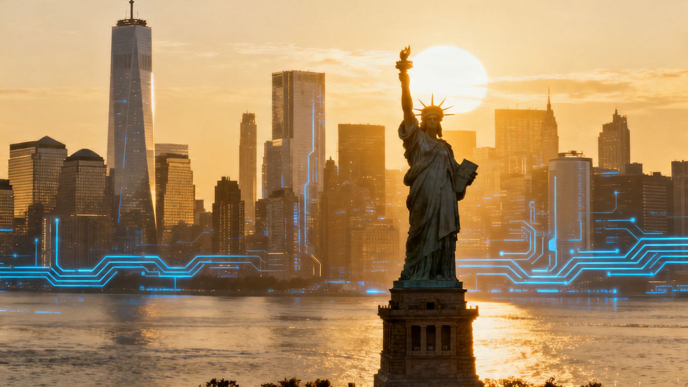 Statue of Liberty against a futuristic, sunlit cityscape.