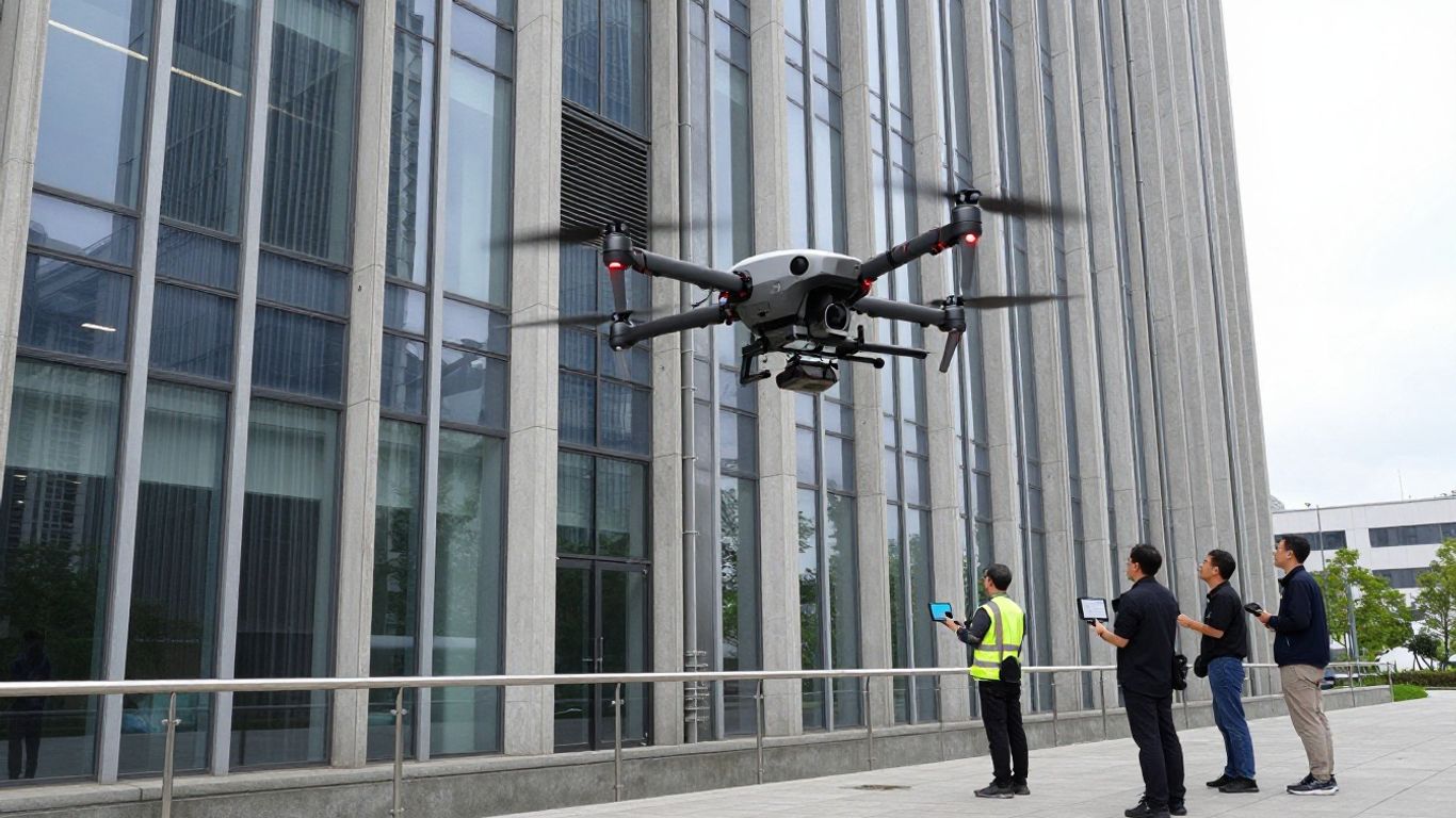 High-tech drone captured during a detailed facade inspection process