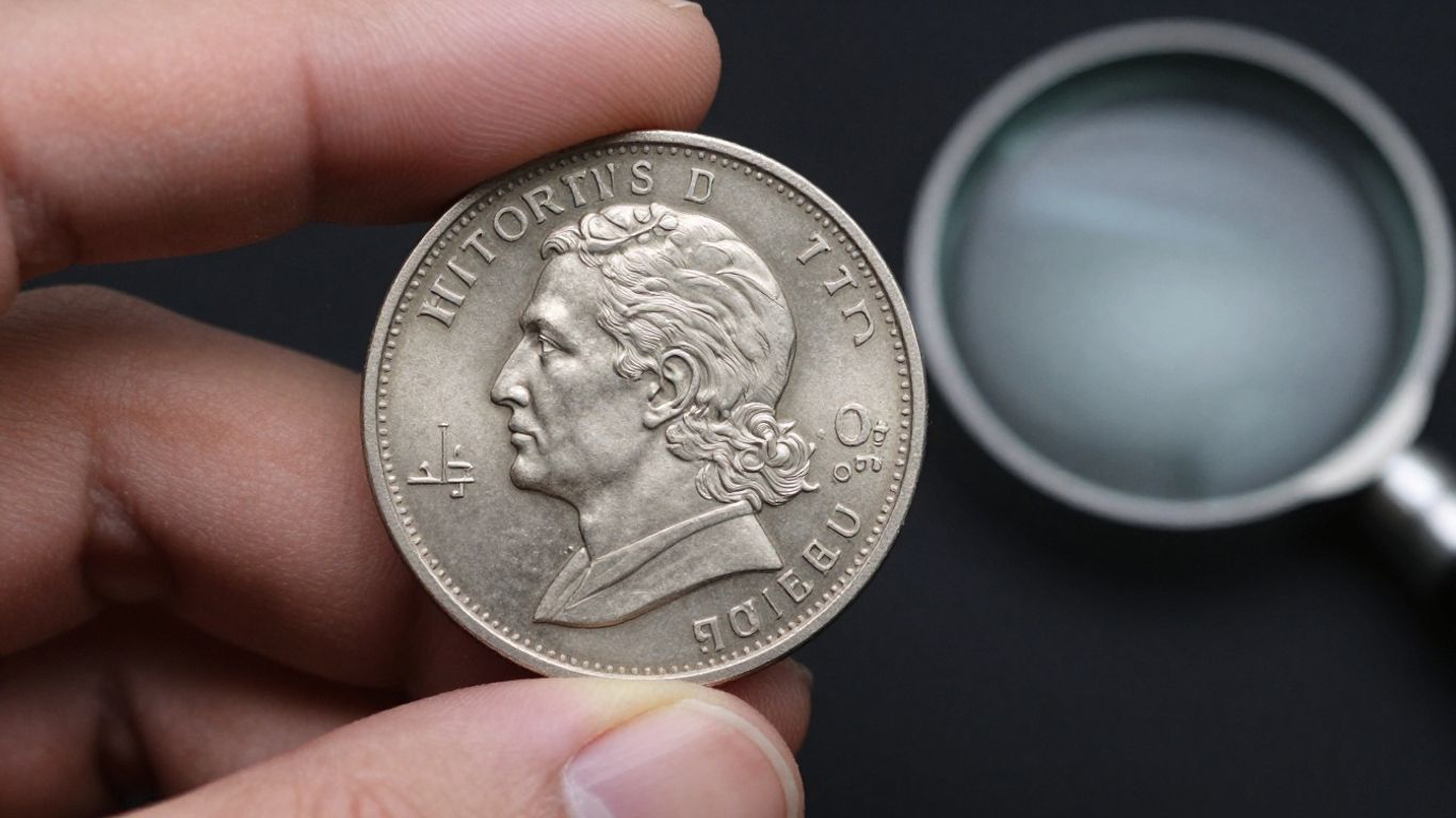 Close-up of a silver coin with a magnifying glass.