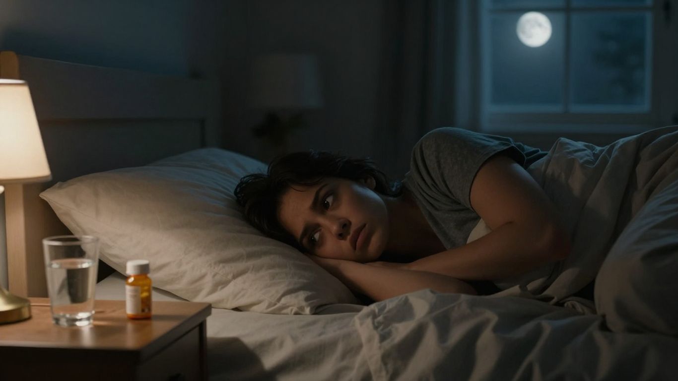 Persoană trează în pat, cu o sticlă de medicamente pe noptieră.