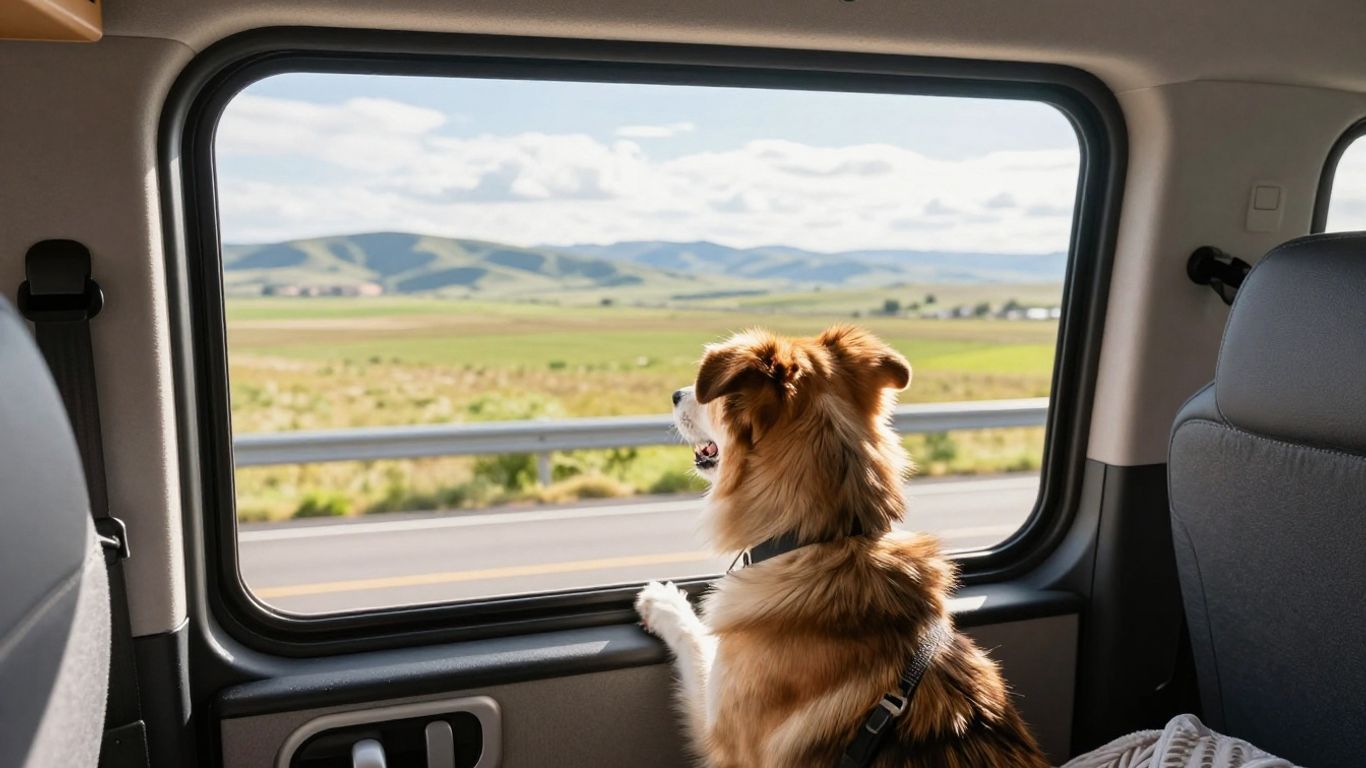 Dog enjoying a motorhome trip with scenic views.