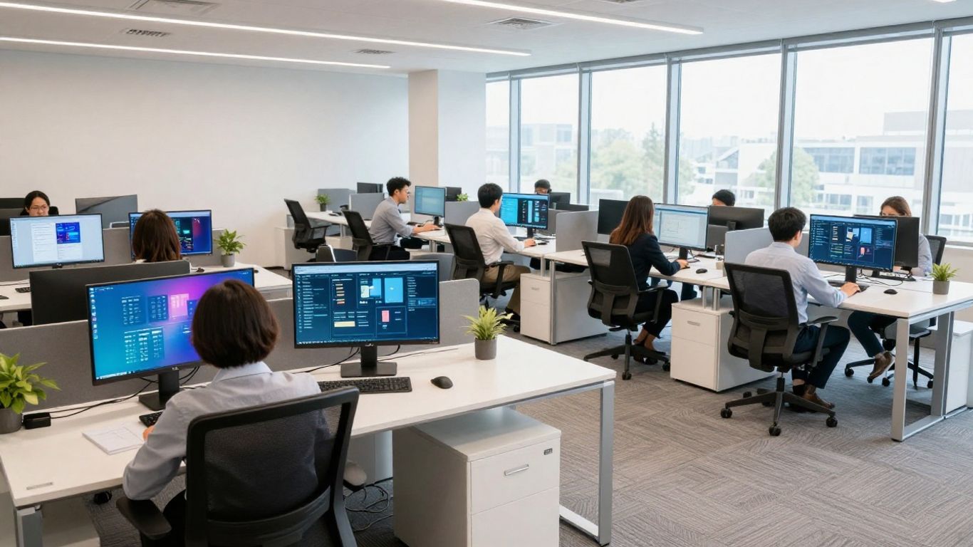 Modern construction CRM software dashboard on computer screens.