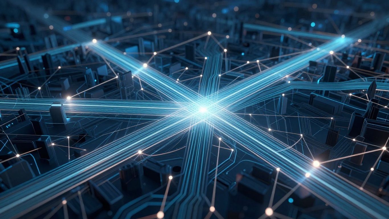 Abstract digital landscape with interconnected nodes and pathways.