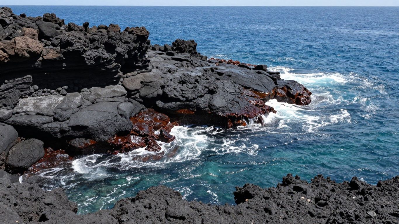 A close-up view of weathered volcanic stone structures