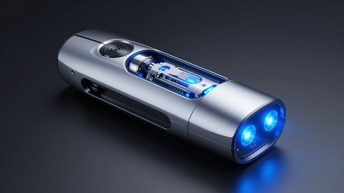 Futuristic laser scanner with glowing blue emitters.