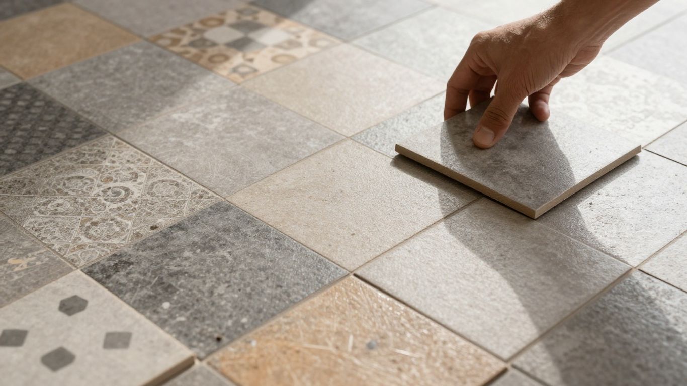 Vinyl floor tiles being installed in a home.