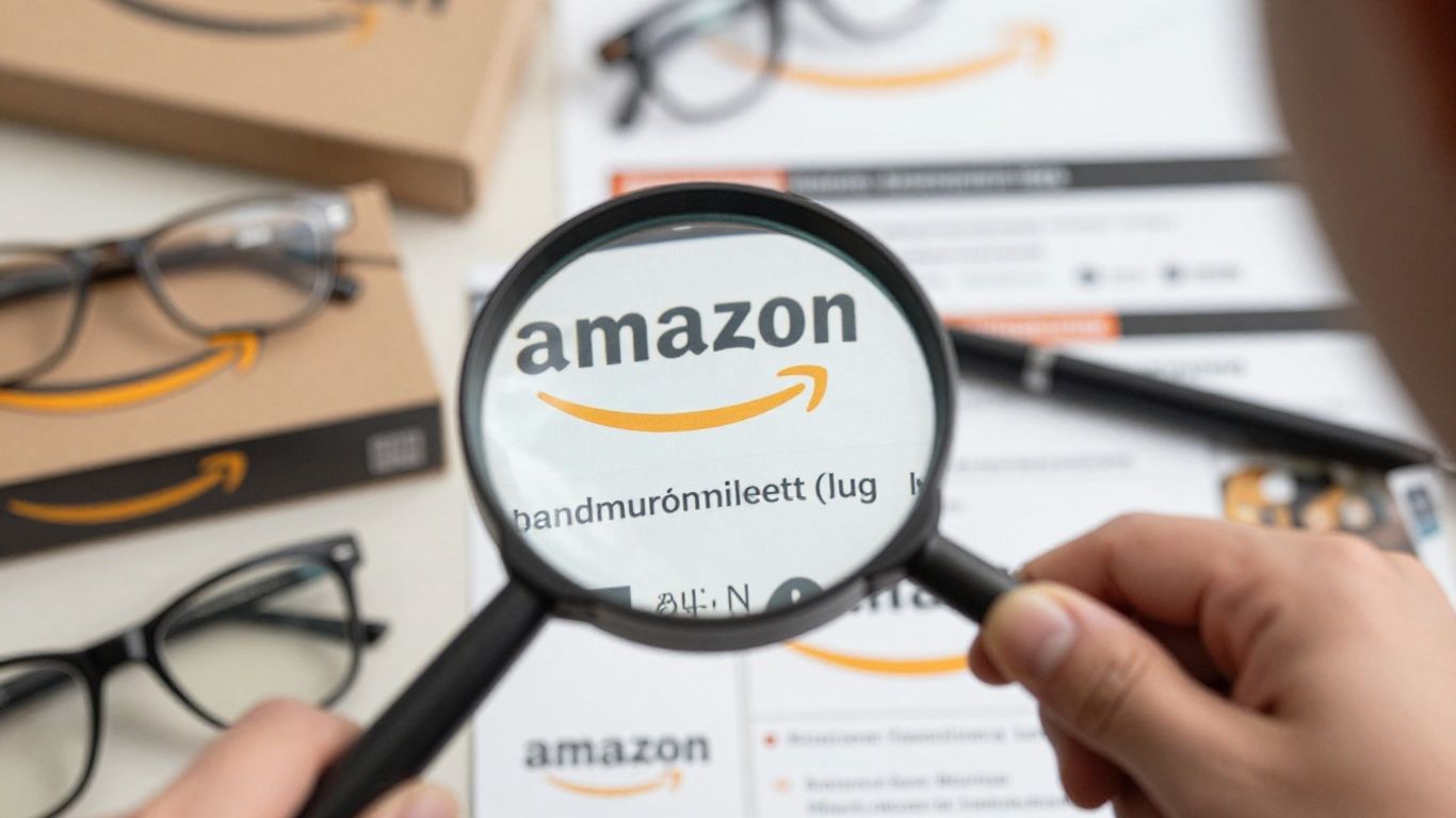 Amazon marketplace with competitive product listings and magnifying glass.