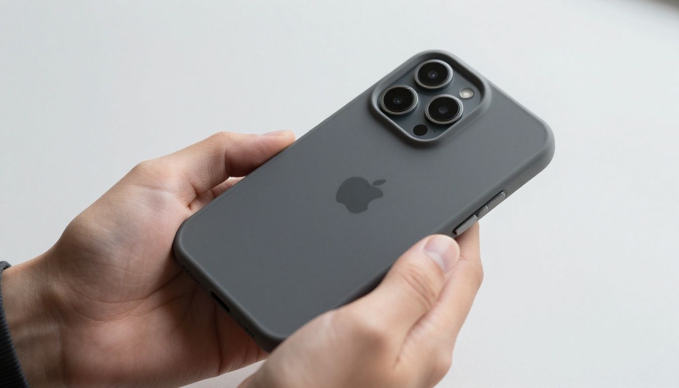 A person carefully fitting a simple, dark grey protective case onto a generic, modern smartphone with a black screen.