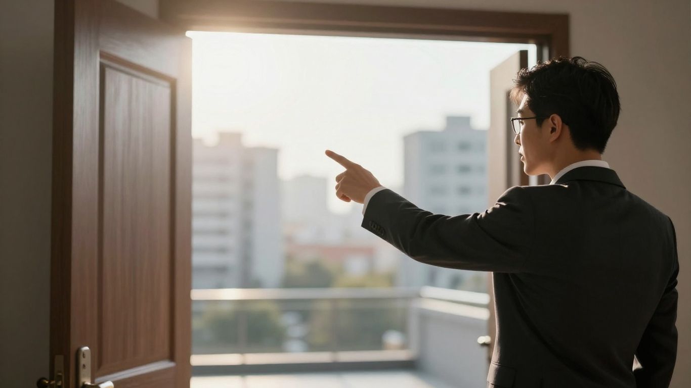 Person pointing towards a bright doorway symbolizing opportunity.