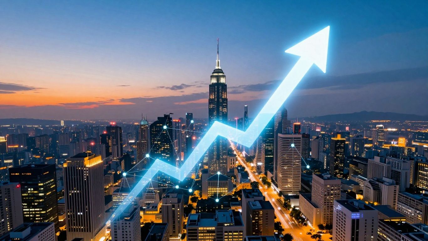 Cityscape with digital connections and upward trend arrow.