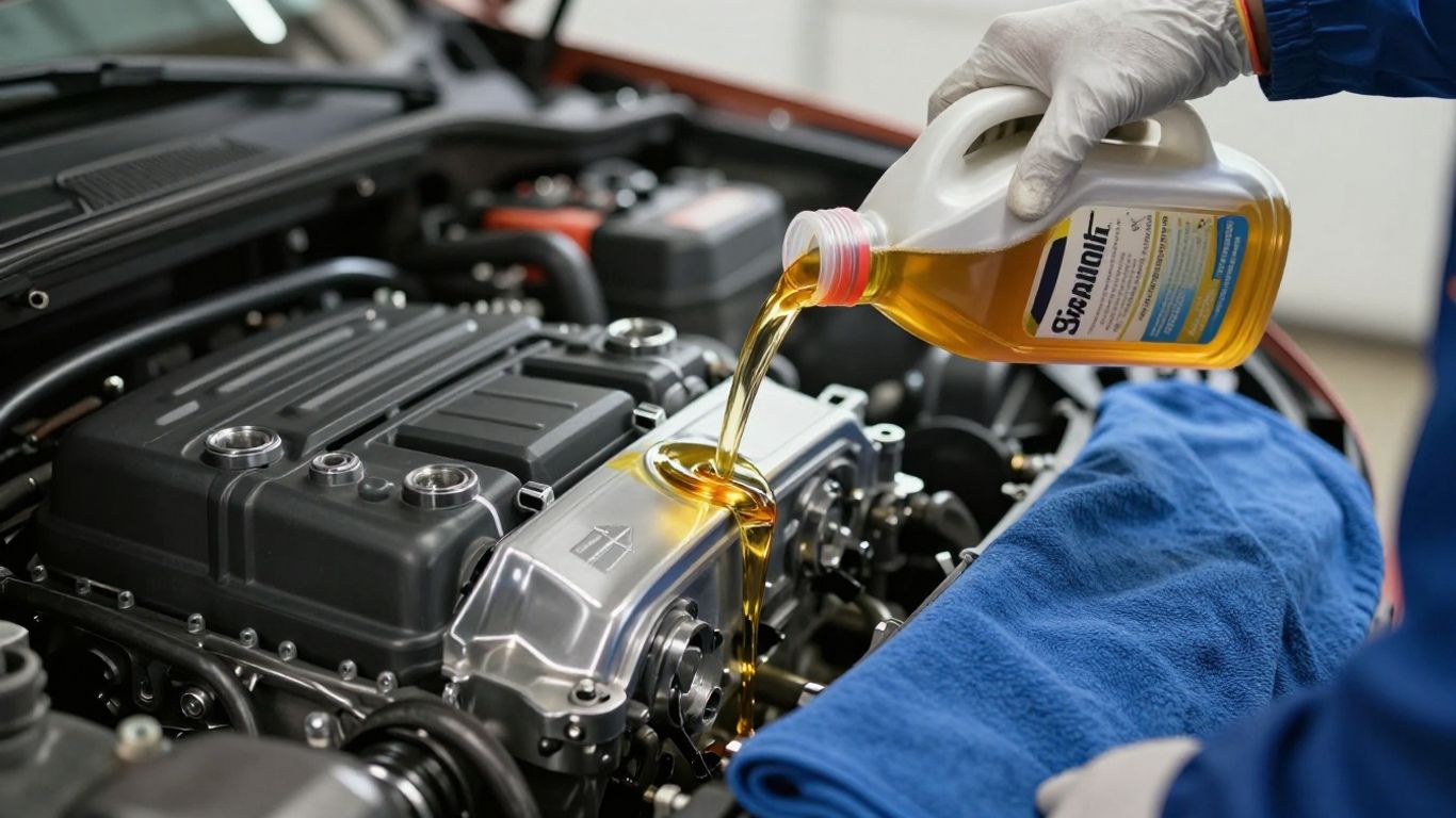Technician pouring synthetic oil into Renault engine