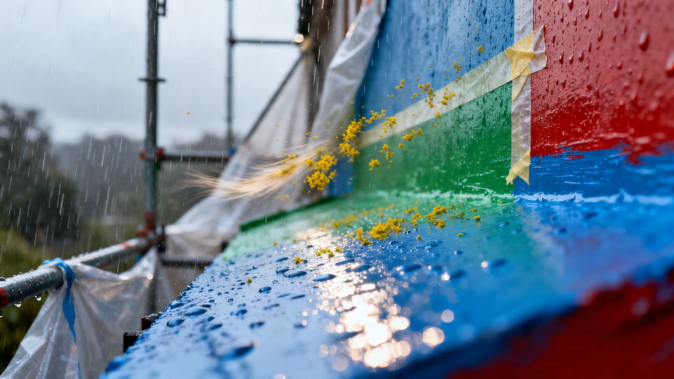Freshly painted house protected from rain and pollen.