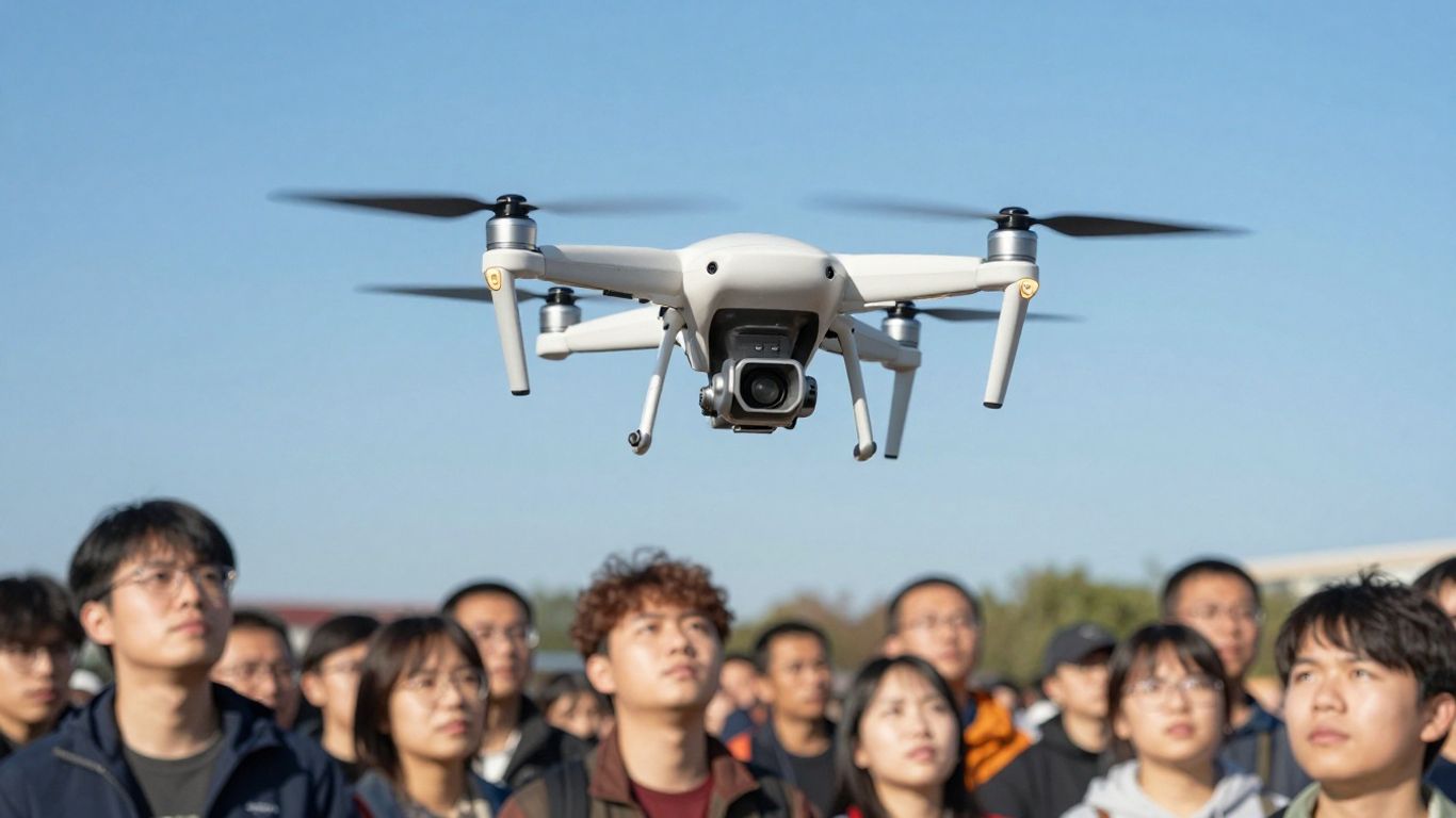 Drone flying over a crowd of people.