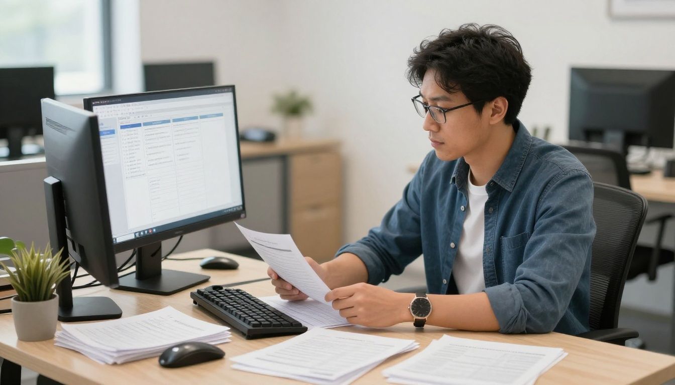 A diverse entrepreneur at a clean desk consolidating scattered paper lists and digital tasks into one organized planning system, calm focused atmosphere, no visible text or letters