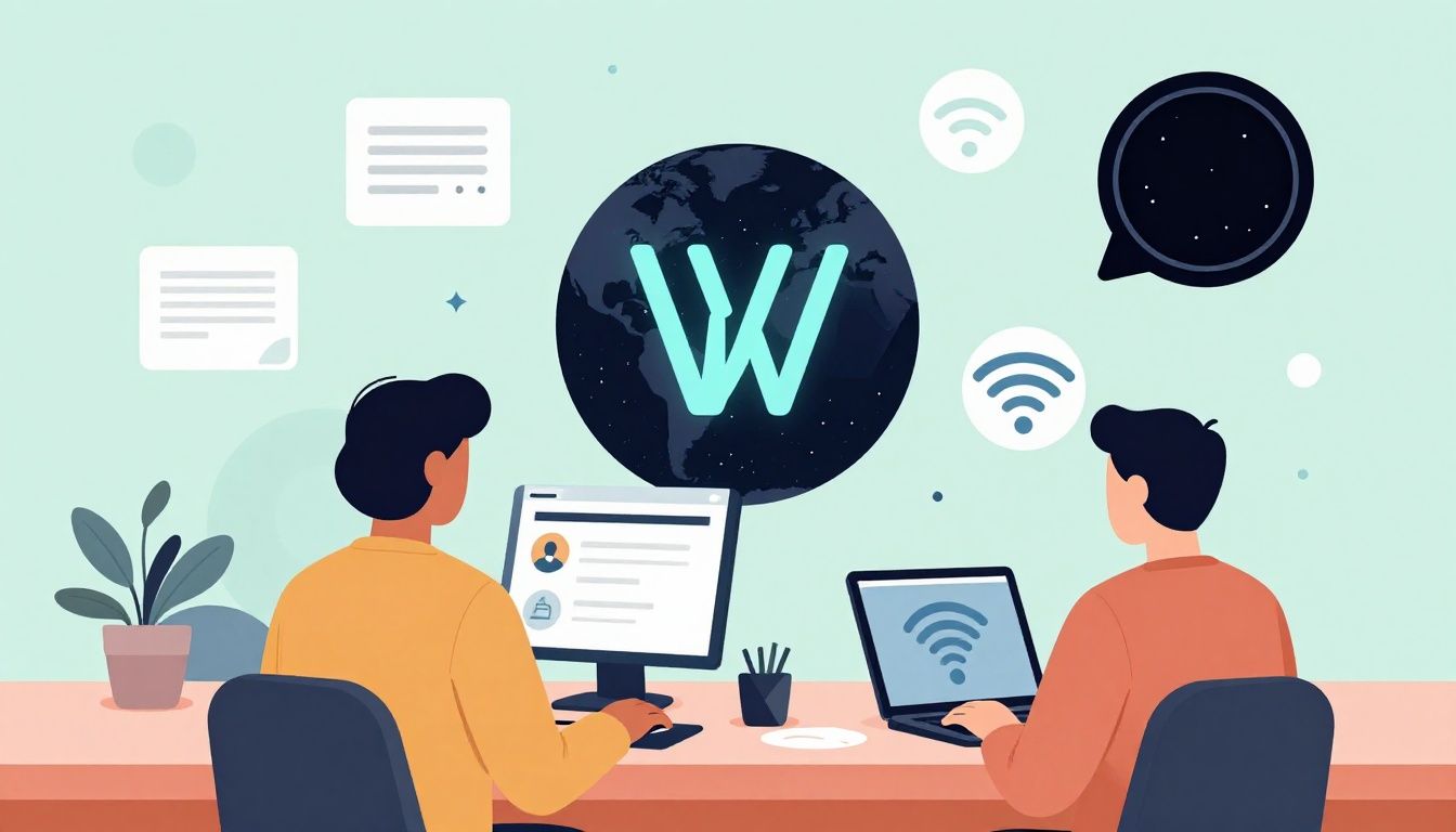 Ilustração conceitual mostrando sinais de Wi-Fi conectando dispositivos na Terra a uma imagem luminosa de um buraco negro no espaço profundo