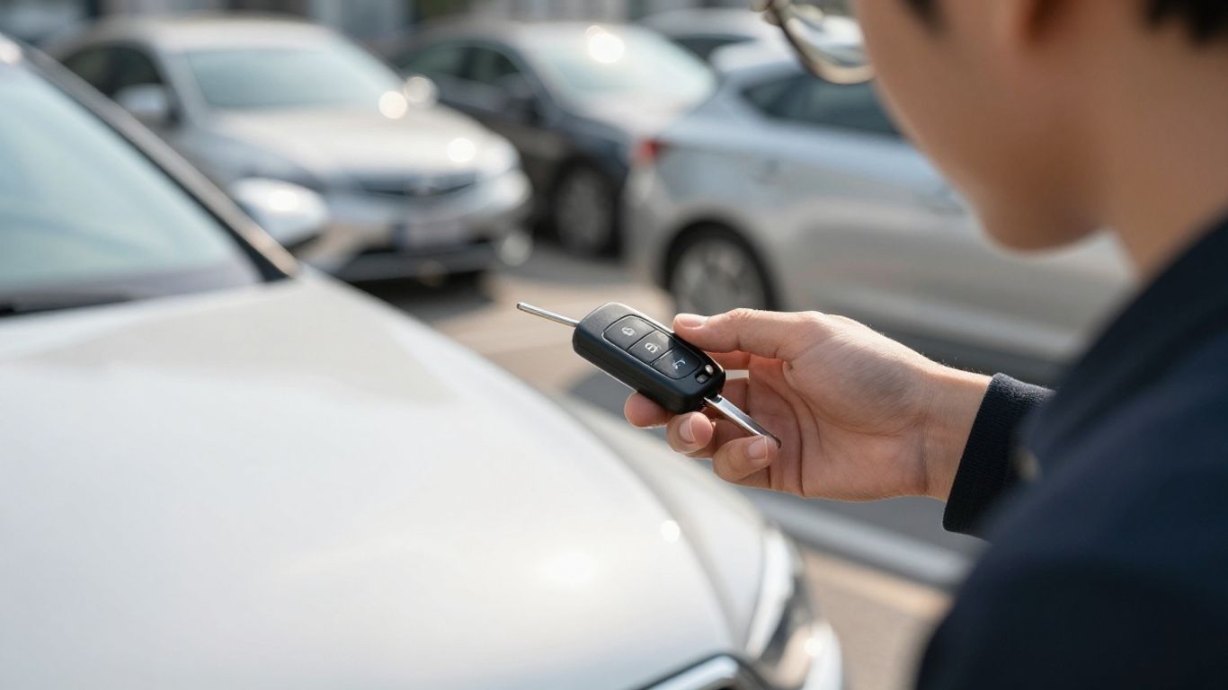 Person holding car key with various cars in background.