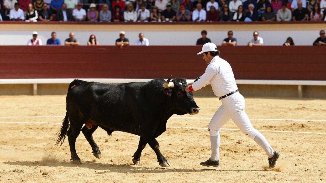 Raseteur facing a Camargue bull arena