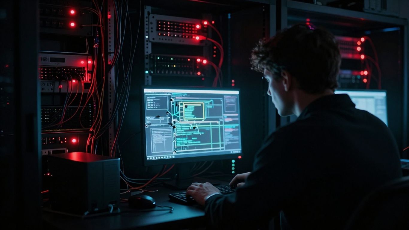 Cybersecurity breach aftermath, flashing lights, damaged server room.