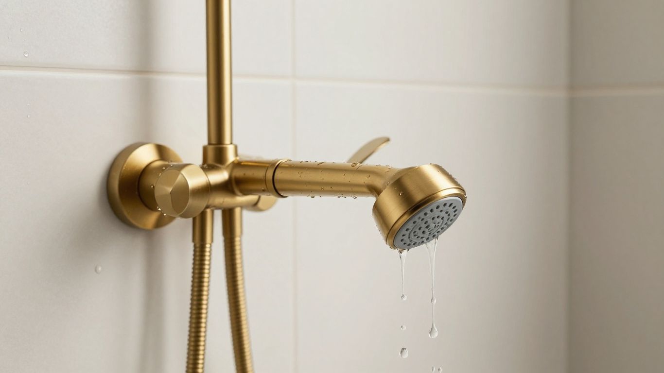 Brushed brass mixer shower in a modern bathroom.