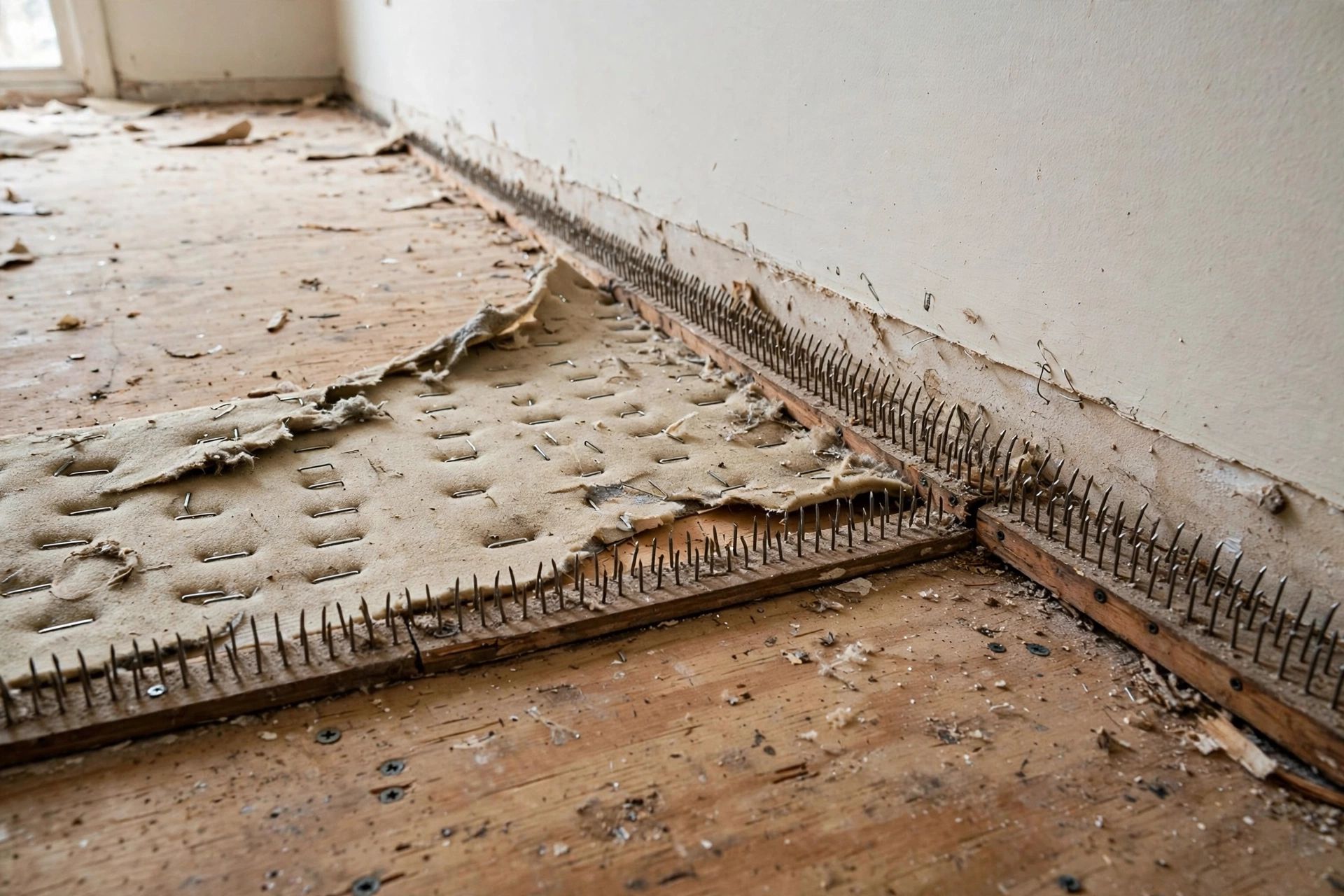 Exposed carpet gripper rods and underlay staples along the edge of a room after carpet removal
