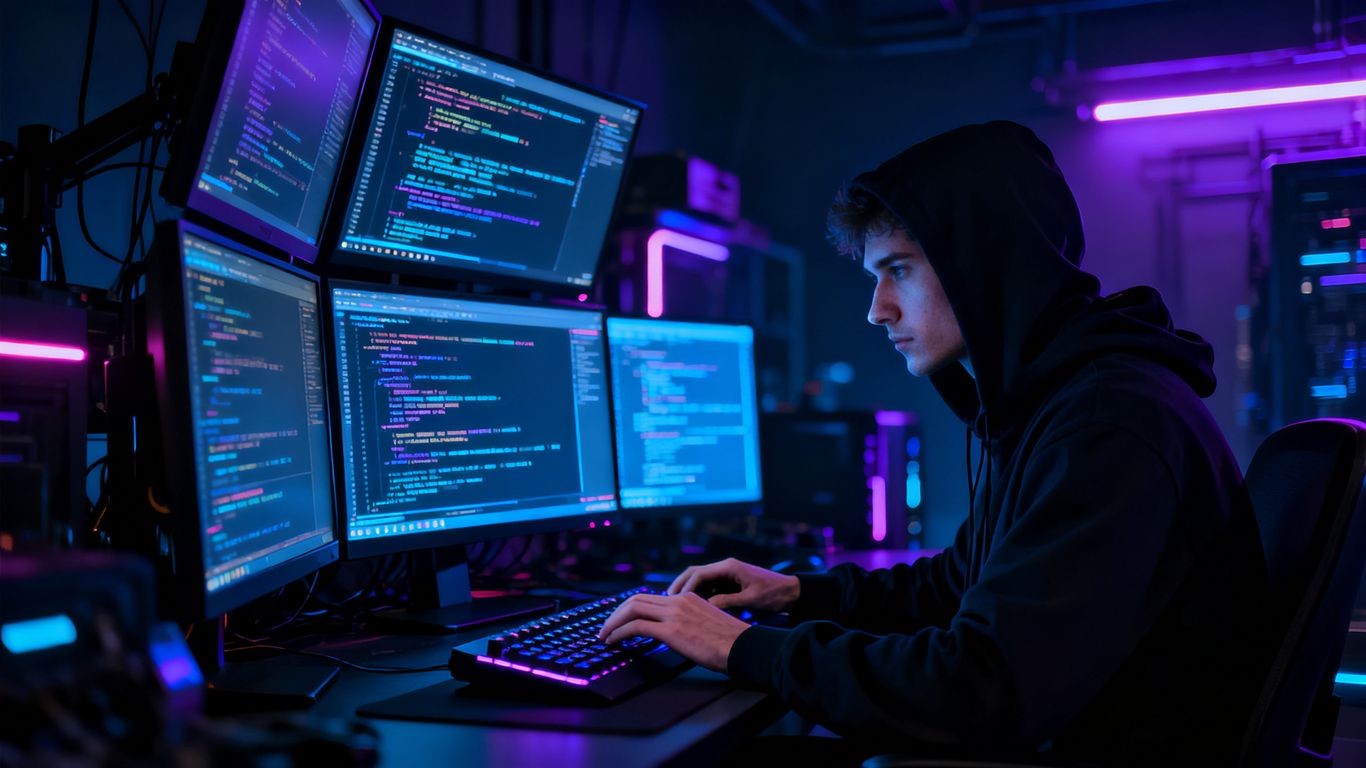 White hat hacker protecting the internet with code.