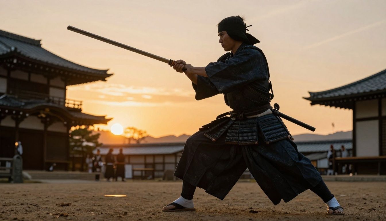 Guerreiro samurai em posição de combate diante de um cenário japonês ao entardecer