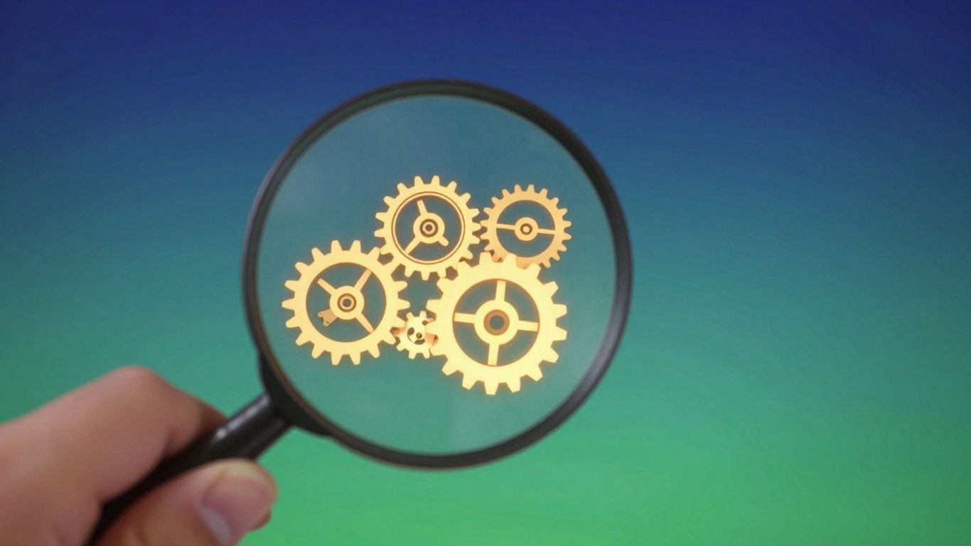 Amazon logo with hidden gears and levers revealed by magnifying glass.