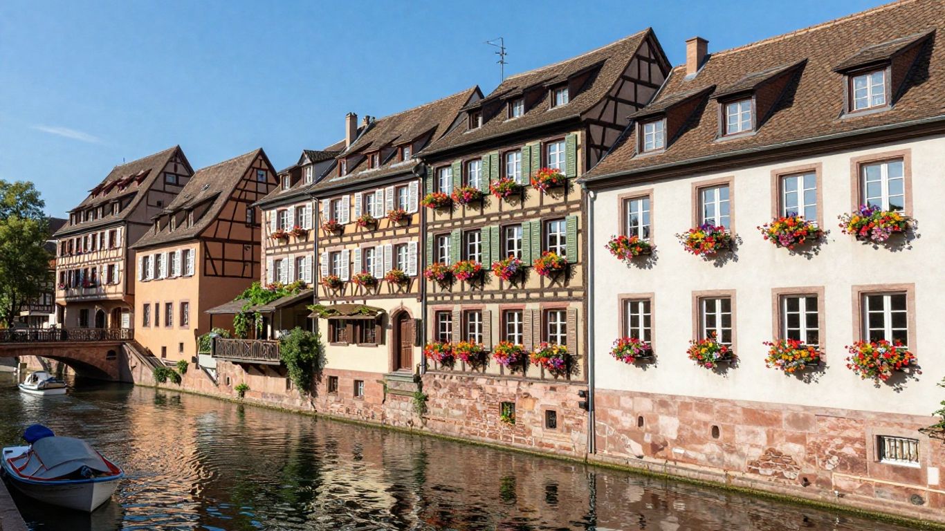 Colorful houses along a canal in Strasbourg's Petite France.