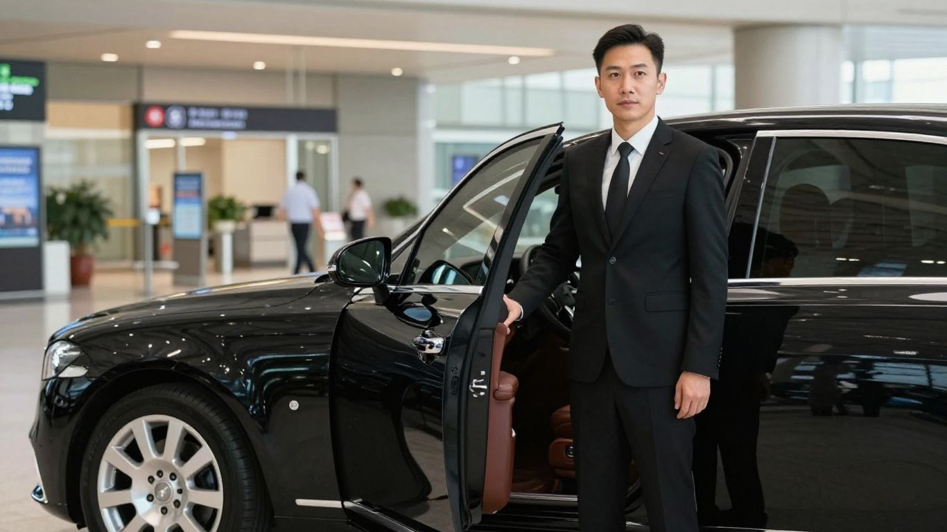 A clean, professional chauffeur waits by a luxury car