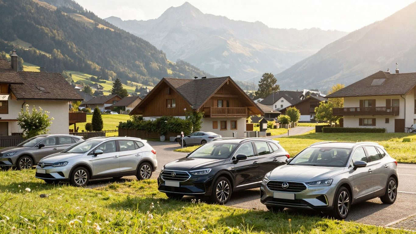 Schweizer Auto vor alpiner Landschaft geparkt