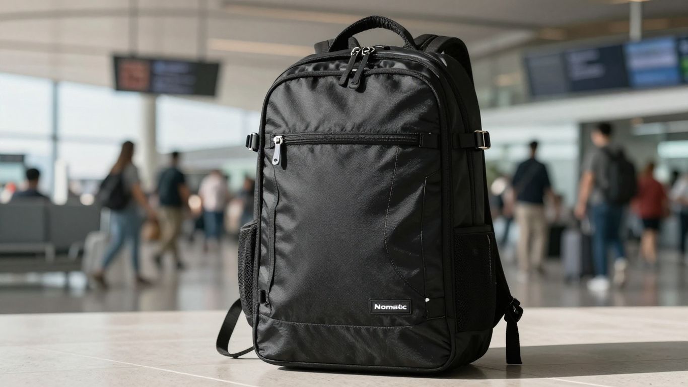 Nomatic Travel Backpack in an airport setting.
