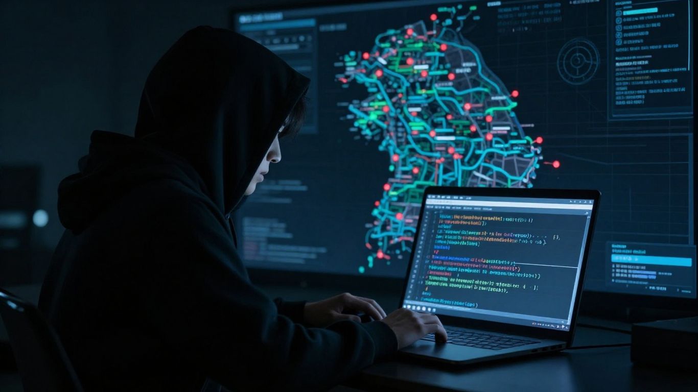 North Korean hacker targeting South Korea on a laptop.