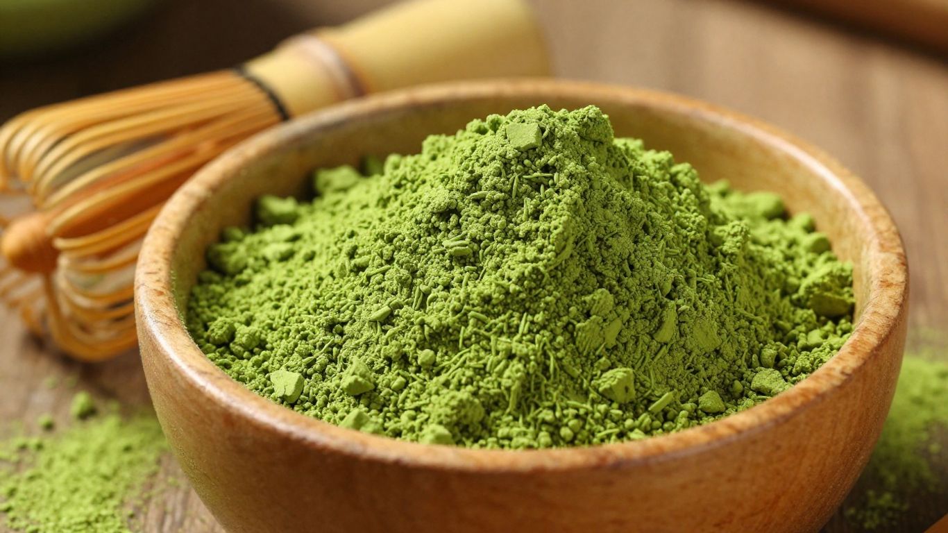 Vibrant green matcha powder with bamboo whisks.