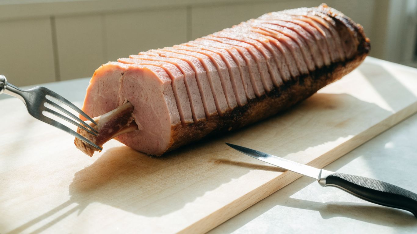 Carving fork steadies spiral ham on board