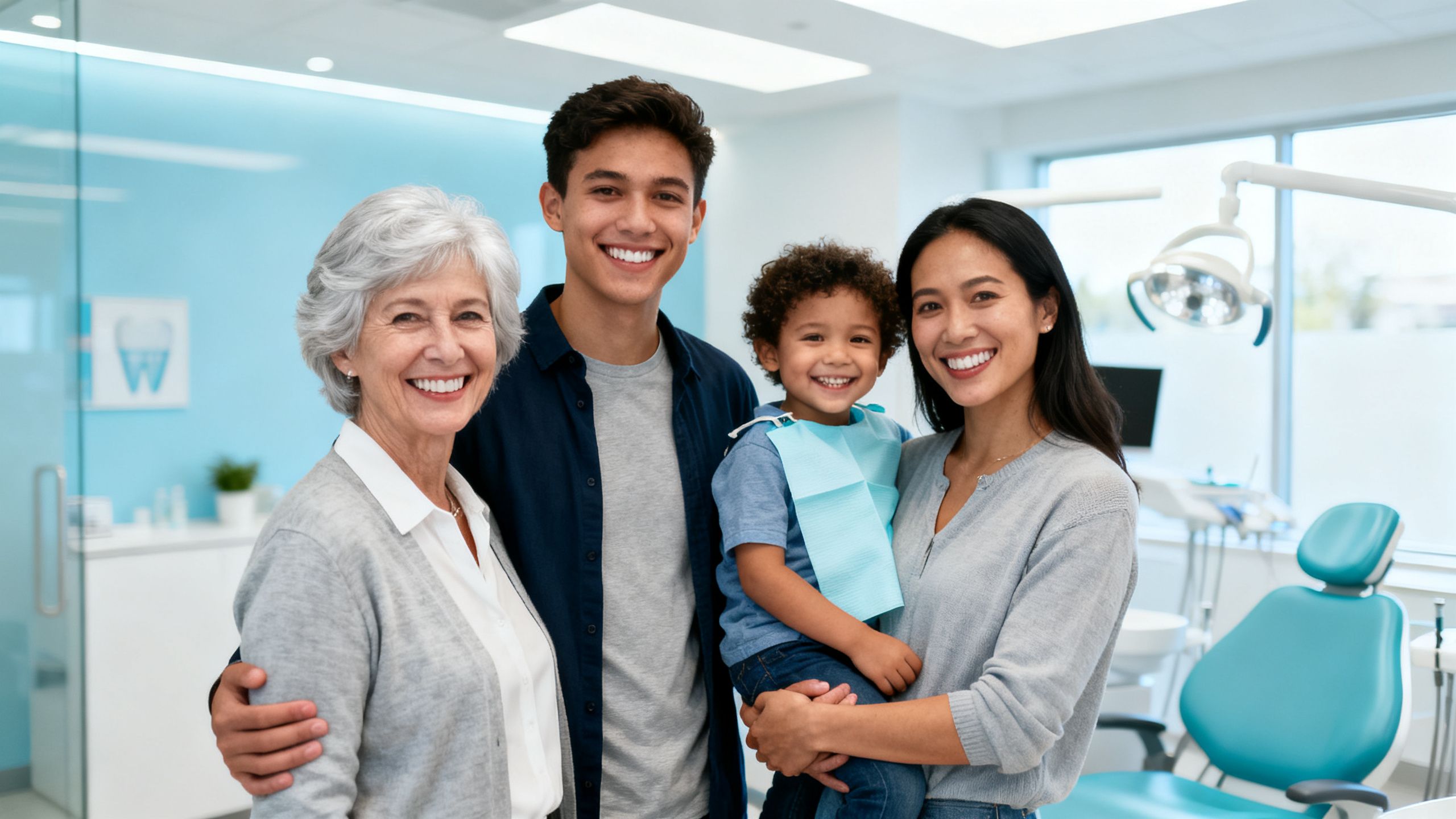 A multi-generational family smiling in a modern dental office.