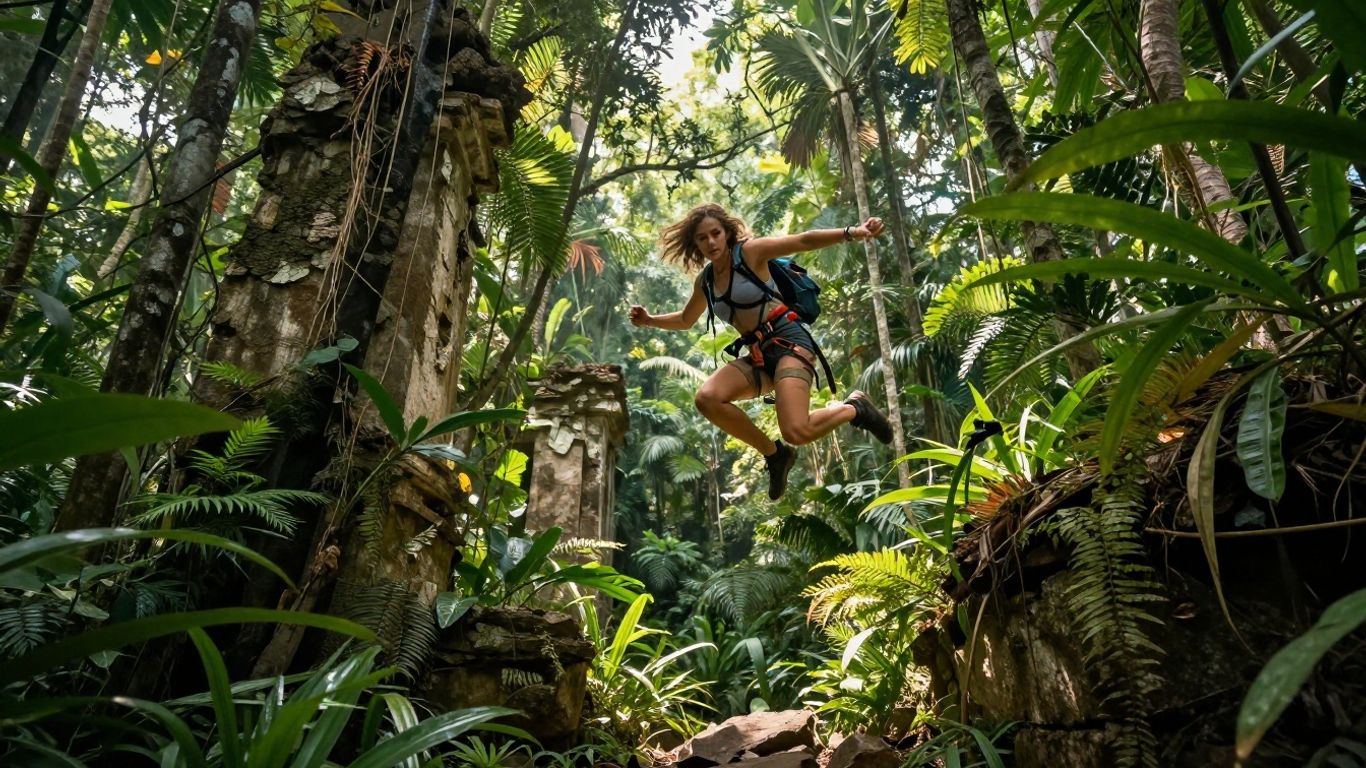 Lara Croft in a jungle, jumping across a gap.